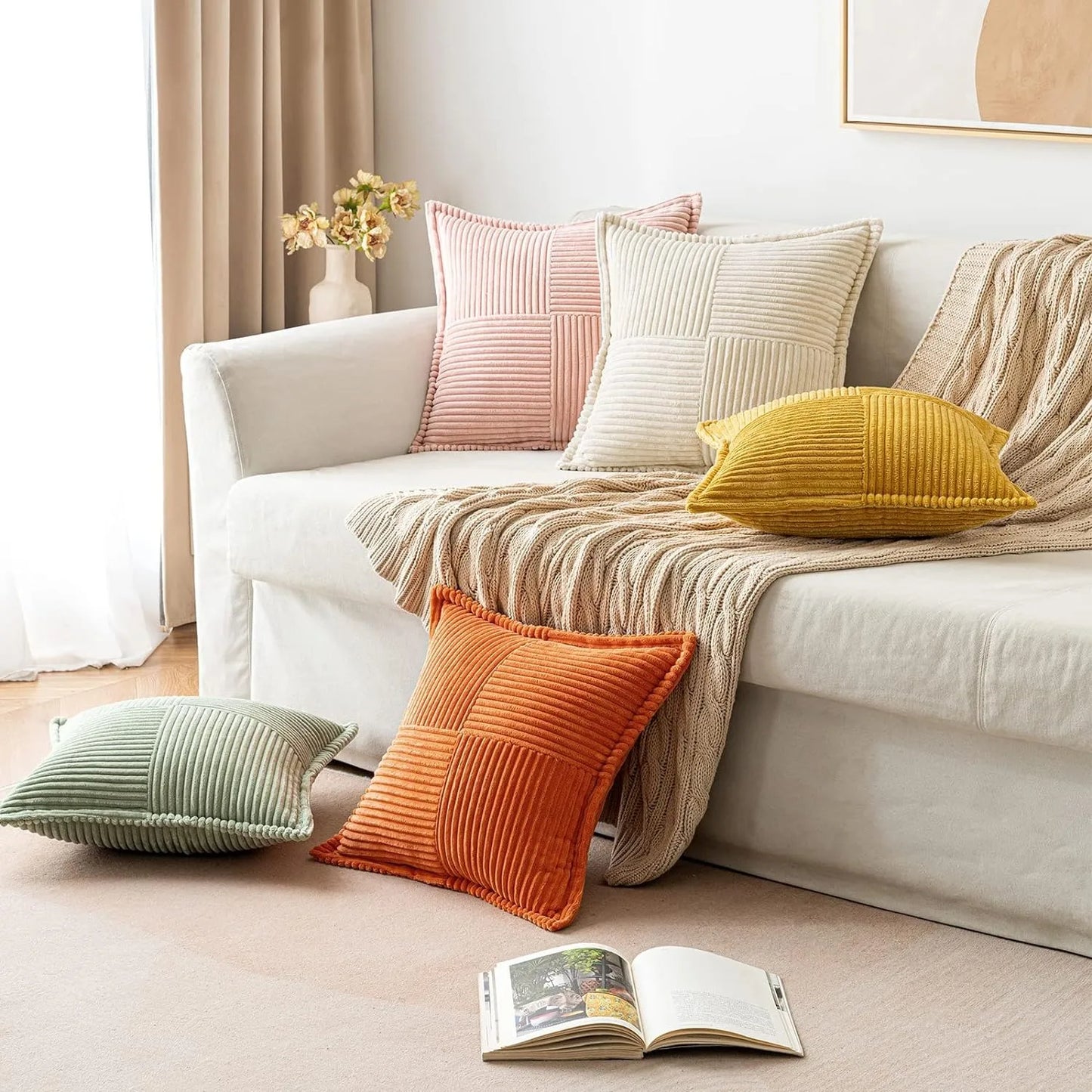 Polyester Corduroy Striped Throw Pillows COVERS/ Concealed Zipper/Colors-Beige/Green/Cream White/ Light Brown/Orange/Dark Green/ Pink/ Red/Black/Gray/Blue Green