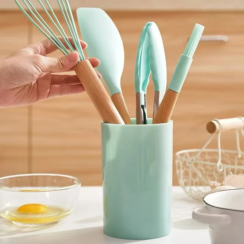 Kitchen 12 PCS Set Heat Resistant Non-Stick Silicone Tips Wood Handles Cooking Utensils-Storage Bucket/Colors-Colors-Green/Red/White/Gray/Pink/Black/Multicolor