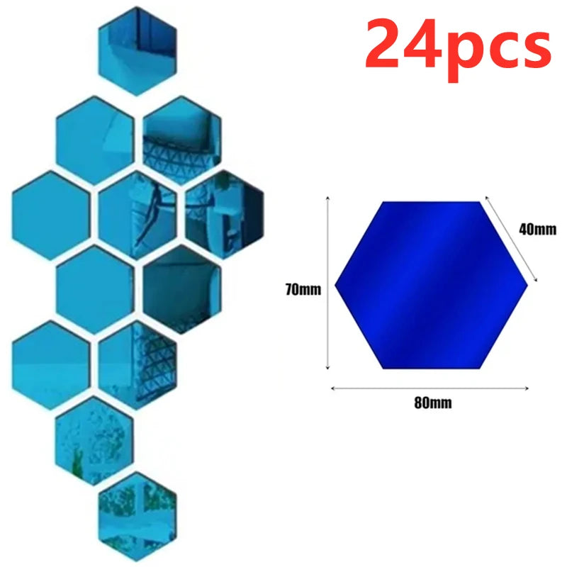 12/24Pcs 3D Hexagon Self Adhesive Removable Acrylic Wall Mirror Stickers/Colors-Silver/Red/Blue