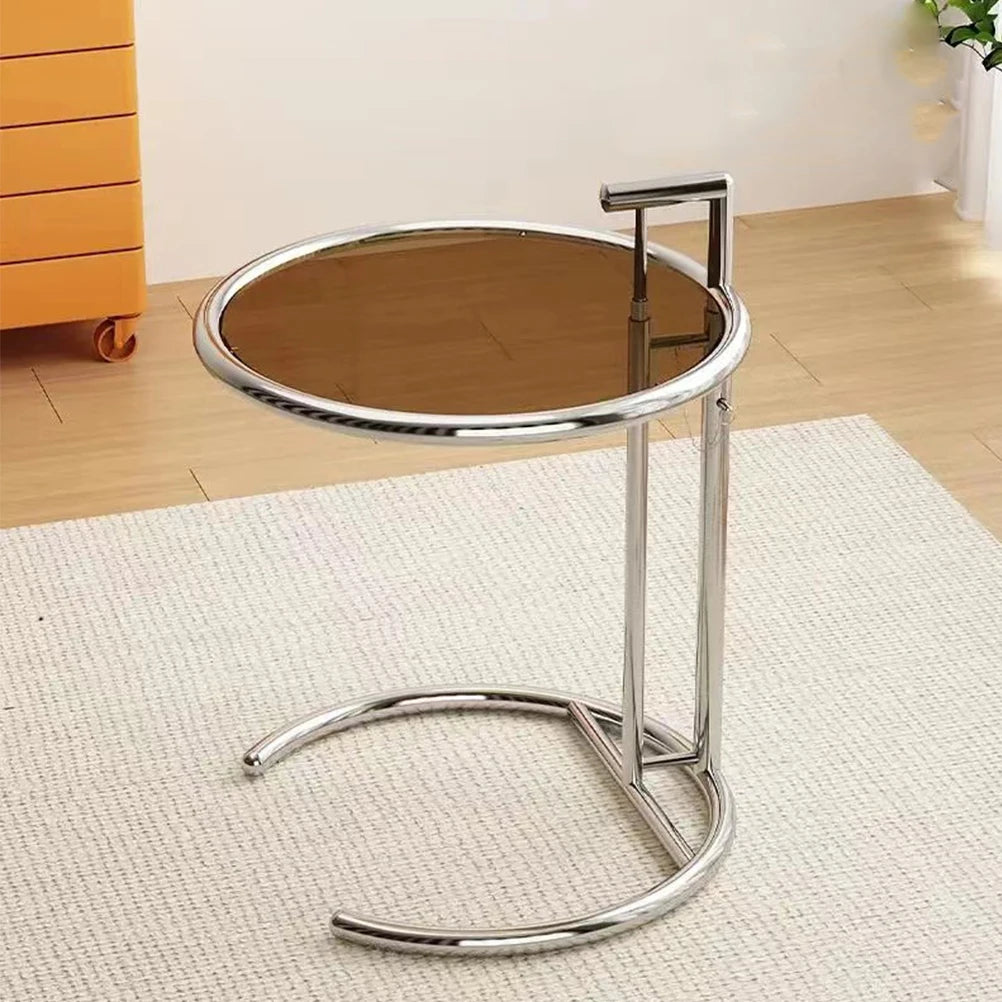 No-EN-Name-Null Modern Round Shaped Liftable Clear Glass Tabletop C-Shaped Silver Stainless Steel Frame End Tables/Colors-Transparent Color/Gray/Brown