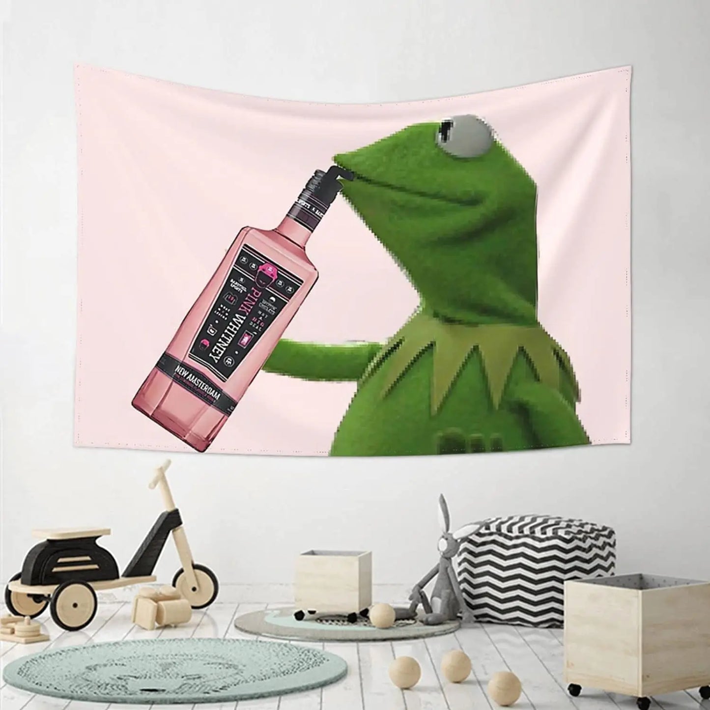 Polyester Pink Background Funny Cartoon Green Kermit The Frog Muppet Holding A Water Bottle Drinking With A Straw Wall Hanging Tapestries