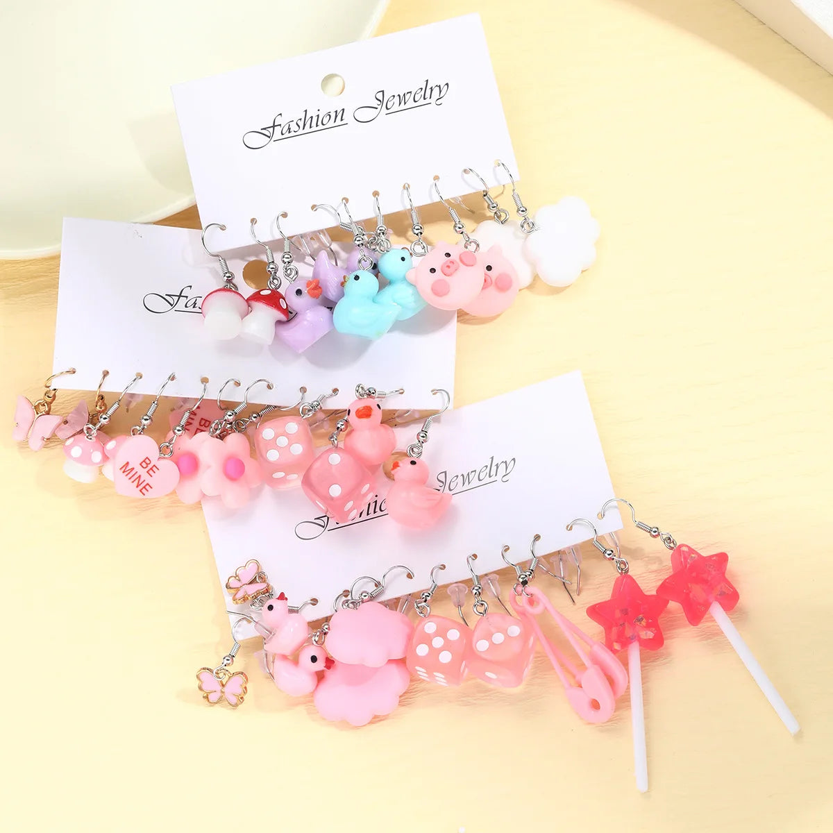 Women Imitation Multicolor Acrylic Cute Funny Cartoon Dopamine Hearts-Duck-Butterfly-Star-Pig Drop Tin Alloy Metal Earrings Sets/Colors-Multicolor/Dots/Animals
