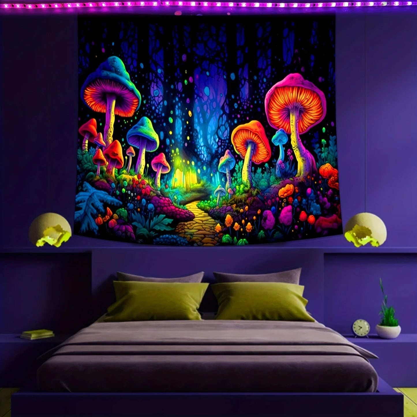 Black Background Polyester Glow Under Black UV Light Flowing Water Colorful Multicolor Mushrooms Nature Floral Tree of Life Forest Wall Hanging Tapestries