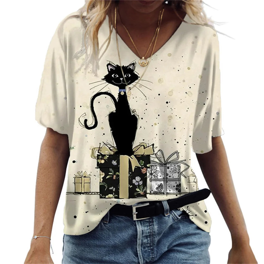 No-EN-Name-Null Women Knit V-Neck Medium Length Cute Cartoon Anime Cat Shaped Stretchable Cotton-Lycra Short Sleeved T-Shirts/Sizes: S-2XL/Colors-Green/Gray/Animal/Checkered/Floral