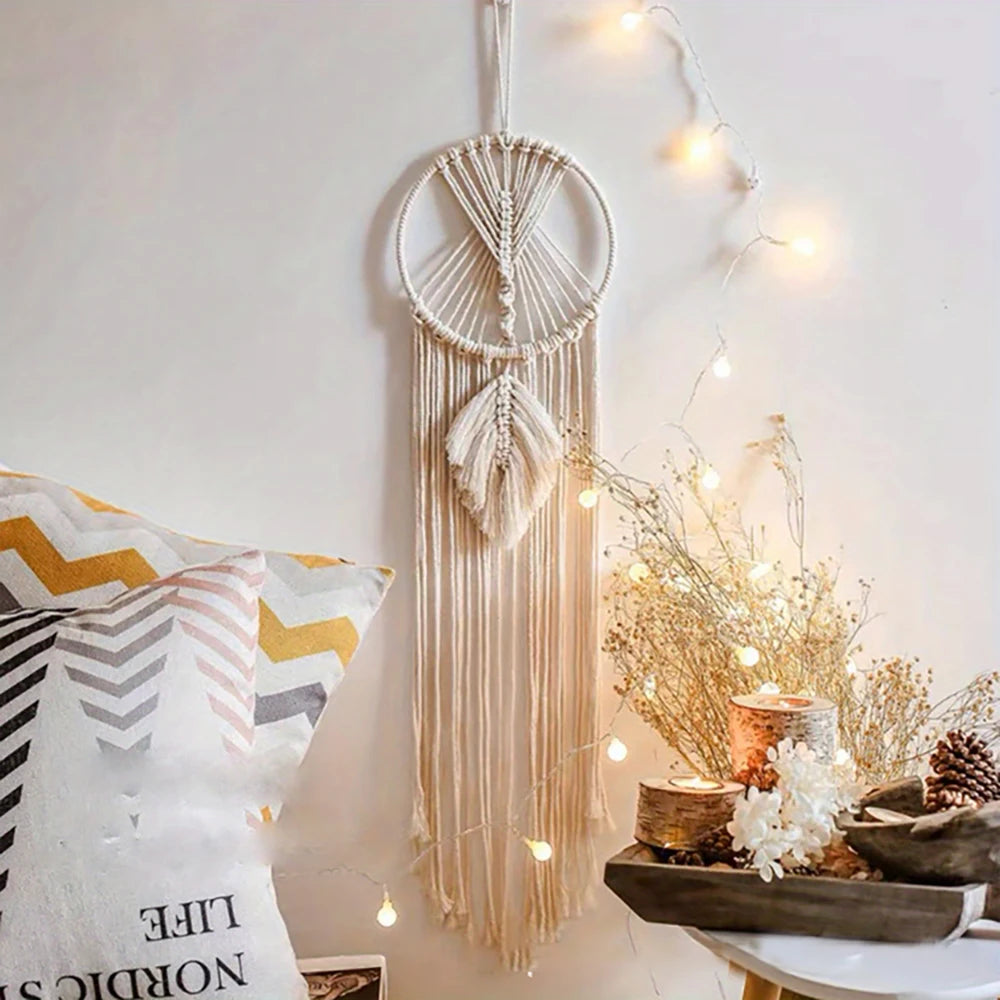 Nordic Bohemian Style Dream Catcher Handwoven Cotton Fabric Star Moon Tasseled Wall Hanging Tapestries/Colors-Beige/White/Multicolor