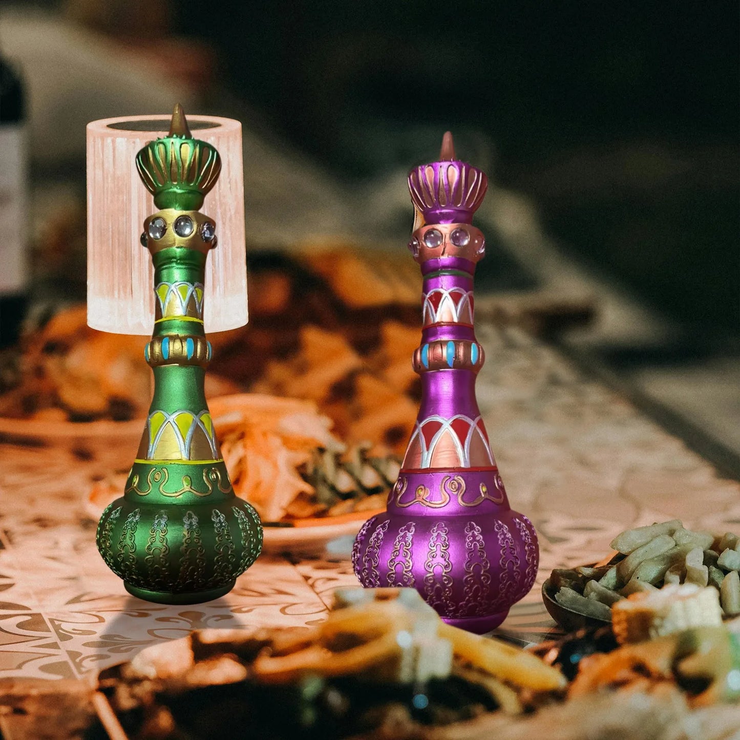 I Dream Of Jeannie Bottle Figurines /Colors-Mirrored Purple/Green/Royal Blue/ Bottle Figurines is 10.5 inches Tall