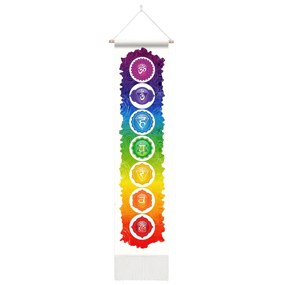 Unisex Rectangle Knitted Cotton-Polyester Blend Printed Soft Fabric 4 Colorful Geometric Chakras Themes Intricated Design Fringed Spiritual Meditation Wall Hanging Tapestries