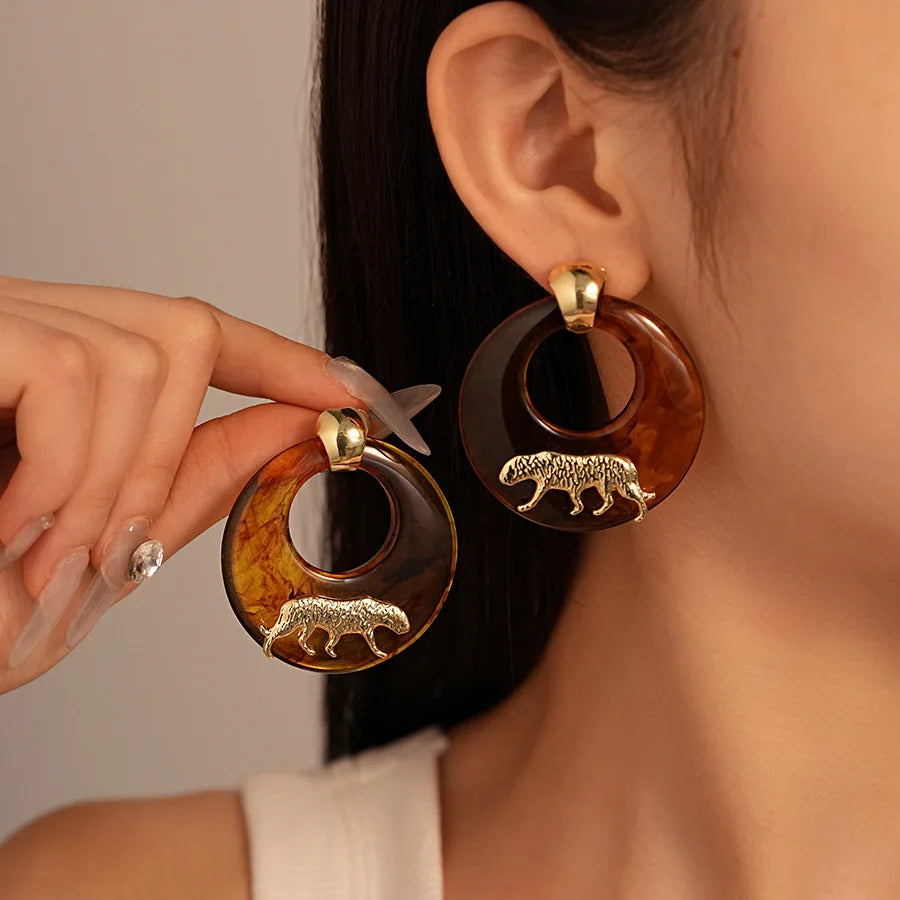 XIALUOKE Women Imitation European-American Geometric Round Stainless Steel Resin Flat Brown Hoop Gold-Platinum Metal Tiger Drop Earrings