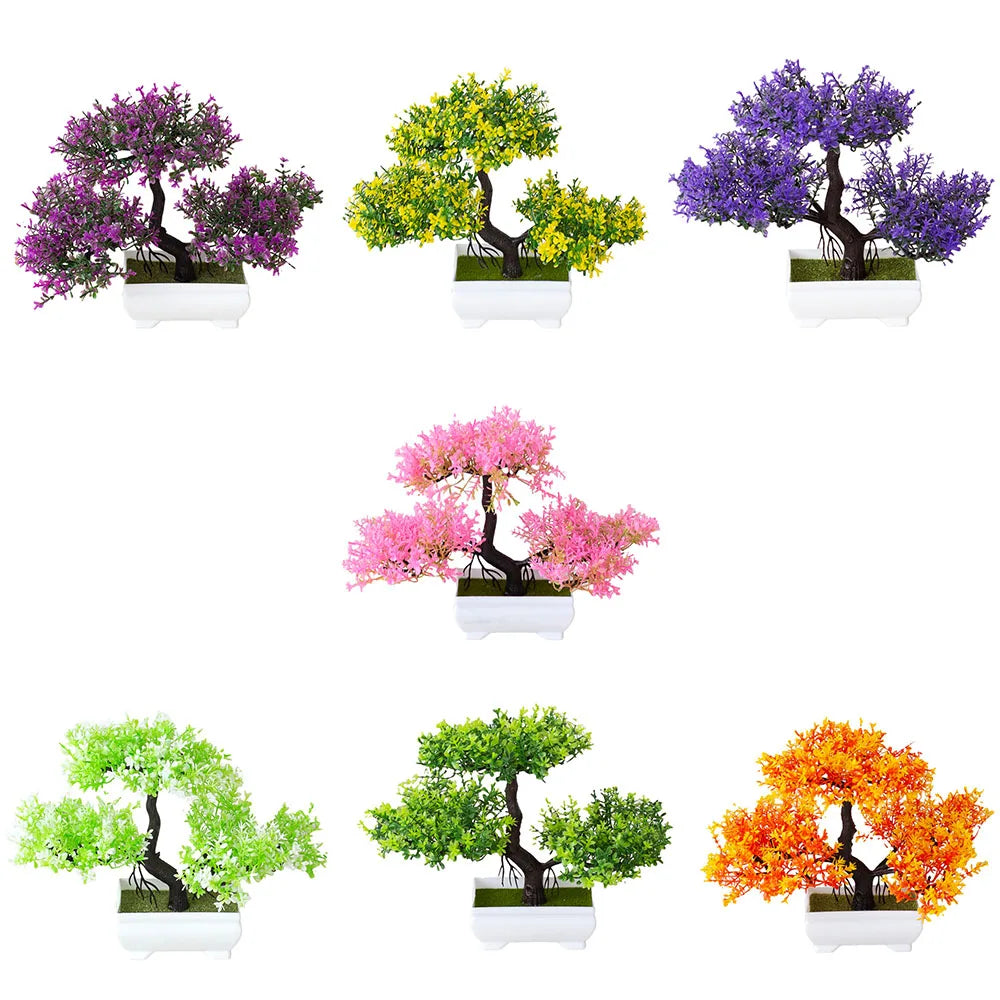 Small Artificial Plastic Non-Flowering Magnoliopsida Bonsai Tree Rectangle Pot/Colors-Orange/Green/Purple/Pink