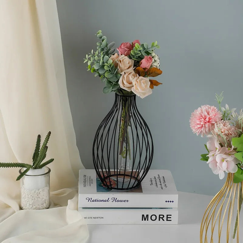Nordic Glass Vase Inside Geometric Line Iron Metal Frame Vase/Colors-Black/Gold