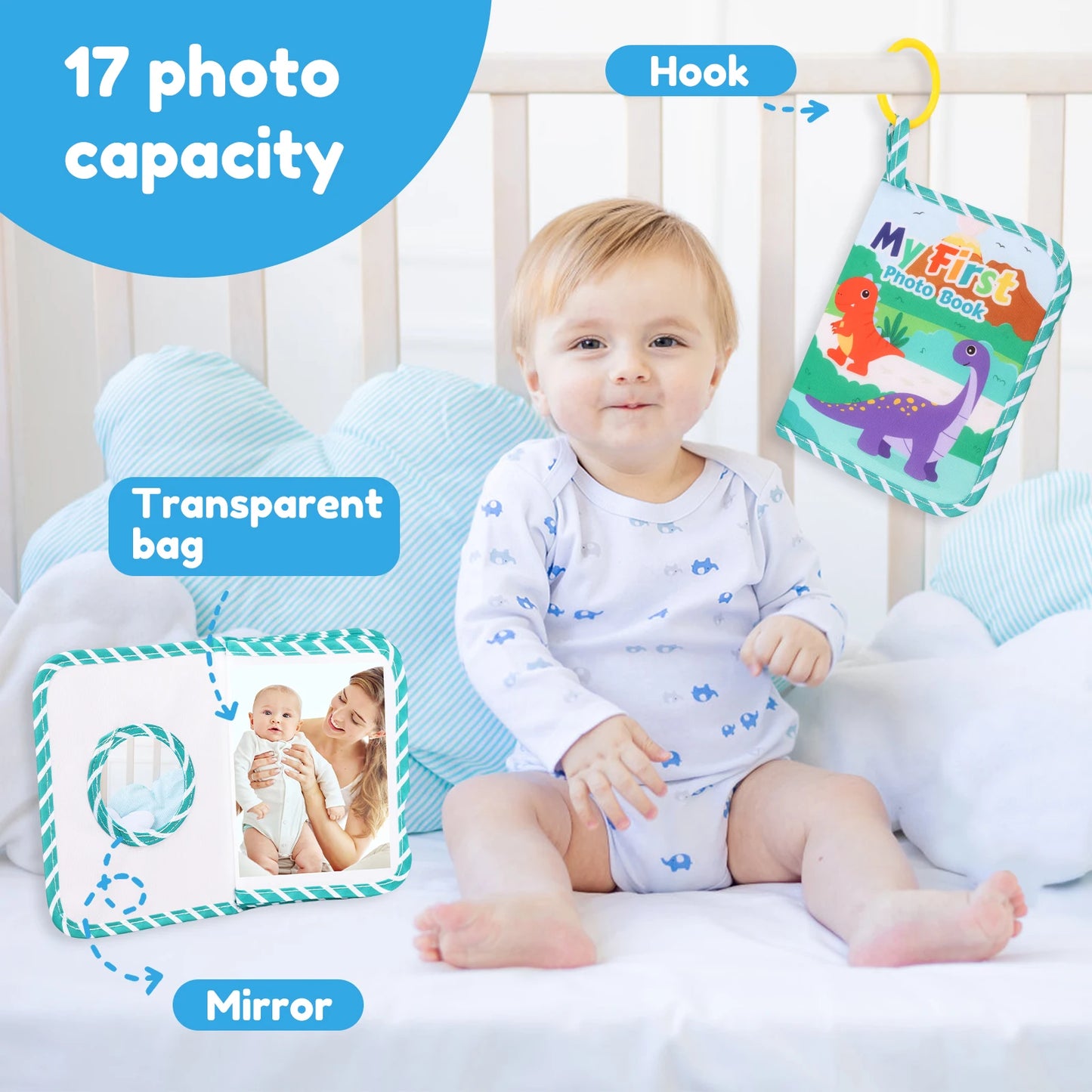 Babies Green Cartoon Flying Pterodactyl-Dinosaurs My First Year Photo Book Soft Cloth Case Fabric Loose-Leaf Transparent Bag Mirror 17 Photo Albums/Versatile Round Hook/Ages: Babies 0-24 Months