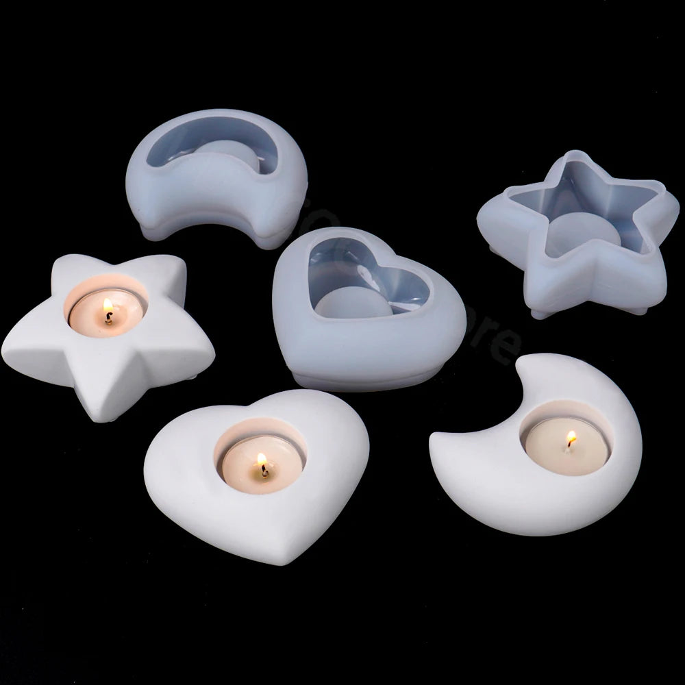 3D Tea Light Candleholder Silicone Concrete Milky White Molds/ Star-Moon-Heart Shape