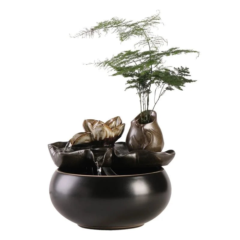 Desktop Glazed Ceramic Clay-Enamel Plant Rocky Landscape PET Flowing Drinking Water Bowl Fountain/Colors-Brown/Black