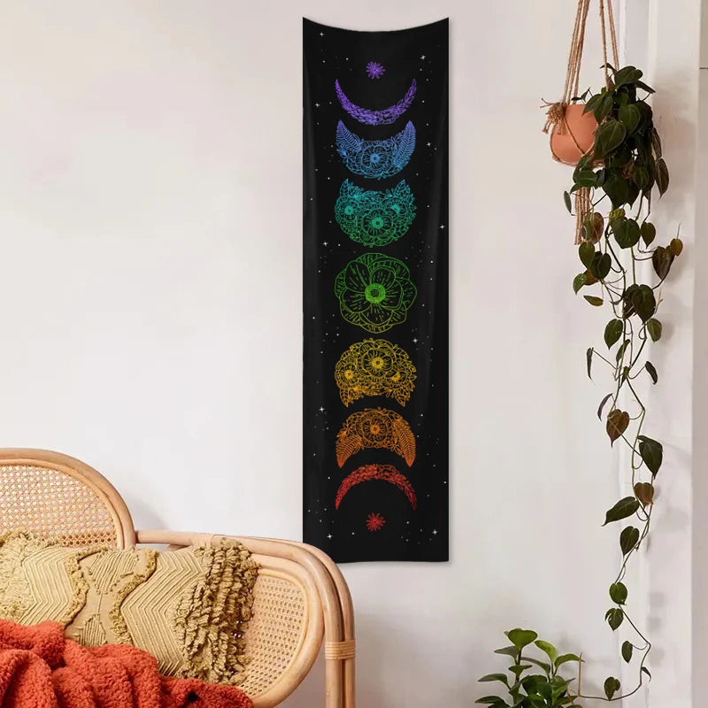Rectangle Polyester Geometric Black Background White Printed Moon Phrase-Starry Sky Colorful Floral Wall Hanging Tapestries