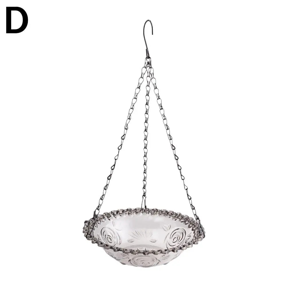 No-EN-Name-Null Outdoor Garden Metal Black Chains Clear Plastic Hanging Floral Design Bowl Waterproof Corrosion-Resistant Weatherproof Bird Baths/Colors-Clear/Blue/Pink/Floral