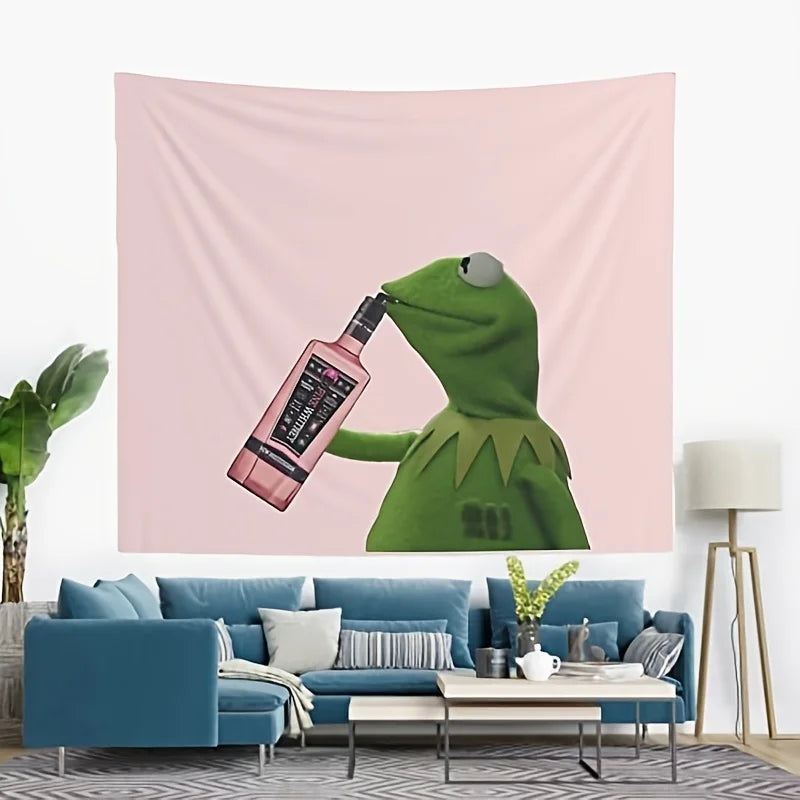 Polyester Pink Background Funny Cartoon Green Kermit The Frog Muppet Holding A Water Bottle Drinking With A Straw Wall Hanging Tapestries