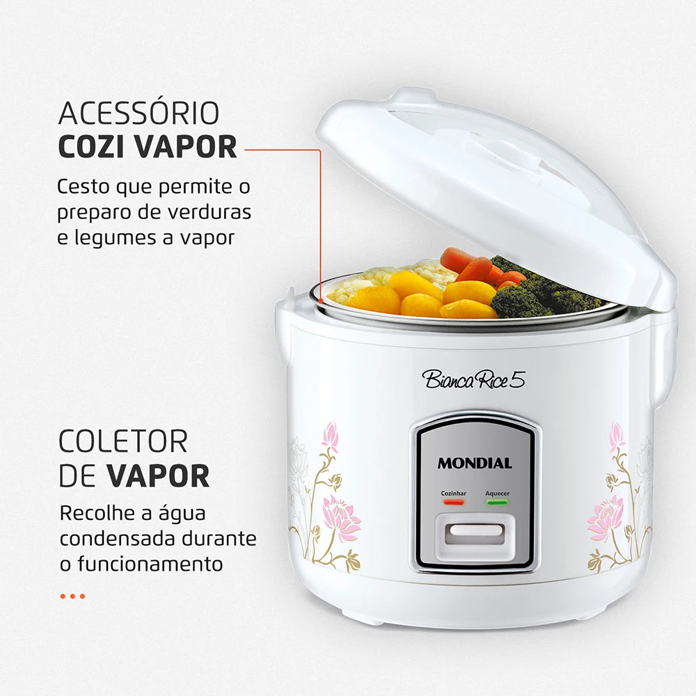 Mondial Bianca Kitchen White Floral Non-Stick Electric Rice Cookers/Up To 5 Cup Capacity Of Rice/Accessories Included: 1 Spoon-1 Measuring Cup-1 Steam Collector-1 Manuel-Recipes