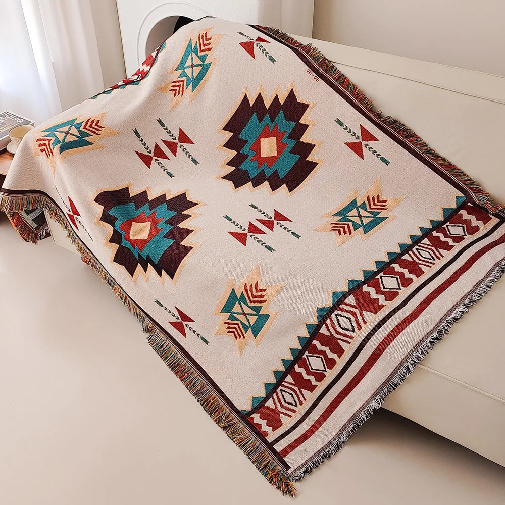 Jacquard Boho Rectangle Polyester-Cotton Oversized Aztec Native American Geometric Double-Sided Blanket Fringed Tapestries