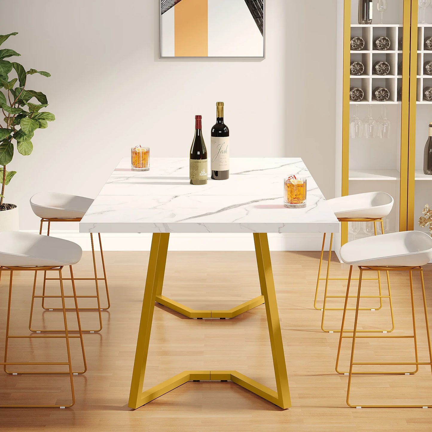 Tribesigns Waterproof Scratch-Resistant Rectangle Modern Dining Table Faux White Marble Table Top w/ Metal Golden Legs/Size: 31.49"D x 55.11"W x 29.52"H