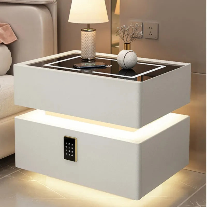OMGD Modern Dark Gray Square Shaped Scratch-Resistant Black Glass Top Smart Touch Sensing-Password Lock Design Quick Wireless Charging-Listening Bottom Hidden Bluetooth Audio Speaker Lighted Solid Wood Nightstands/ Colors-Dark Gray/Light Gray/Khaki/White