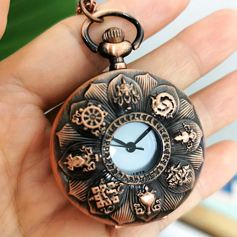 RUNERR MEN Vintage Quartz Digital Display Bronze Metal Alloy Case Glass Face Electronic Drive Mode Hollow-Out Engraved Lotus Flower-Animals Front Design Bronze Chain-Pocket Watches