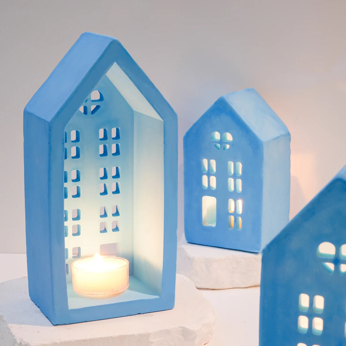 Silicone DIY Handmade Plaster Concrete 3PCS House Shape Candleholder Craft Milky White Molds