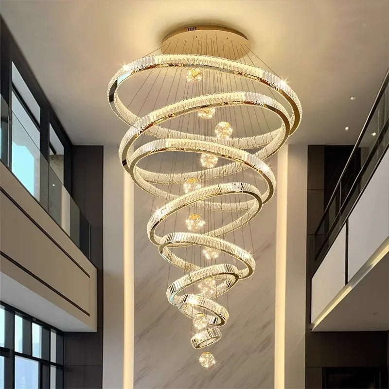 Modern Stainless Steel LED Warm Cool Twisted Ring Cord Pendant Hanging Crystal Chandelier Ceiling Lights/Dimming Remote Control/Touch On-Off/Colors-Gold/Silver