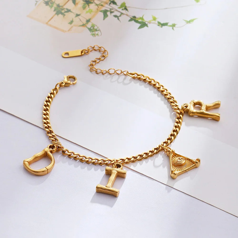 Women Imitation Gold Geometric Stainless Steel Link Chain Letter Charm Lobster-Claw-Clasps Bracelets