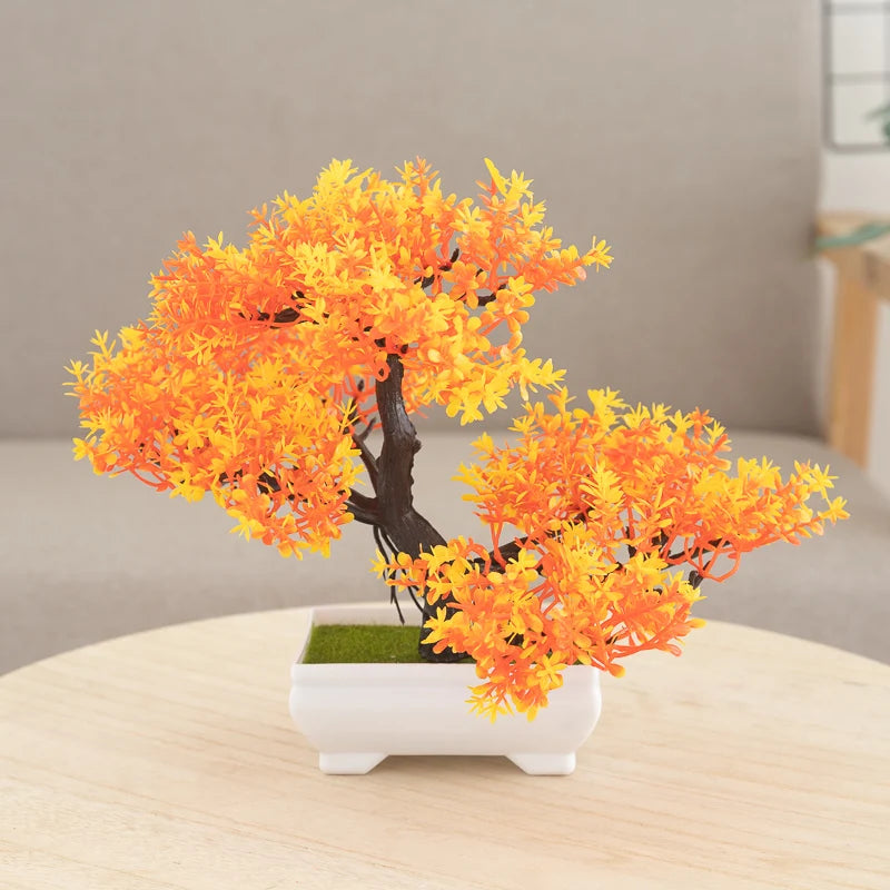 Indoor Artificial Plastic Non-Flowering Small Magnoliopsida Bonsai Tree-Rectangle Pot/Colors-Green/Purple/Yellow