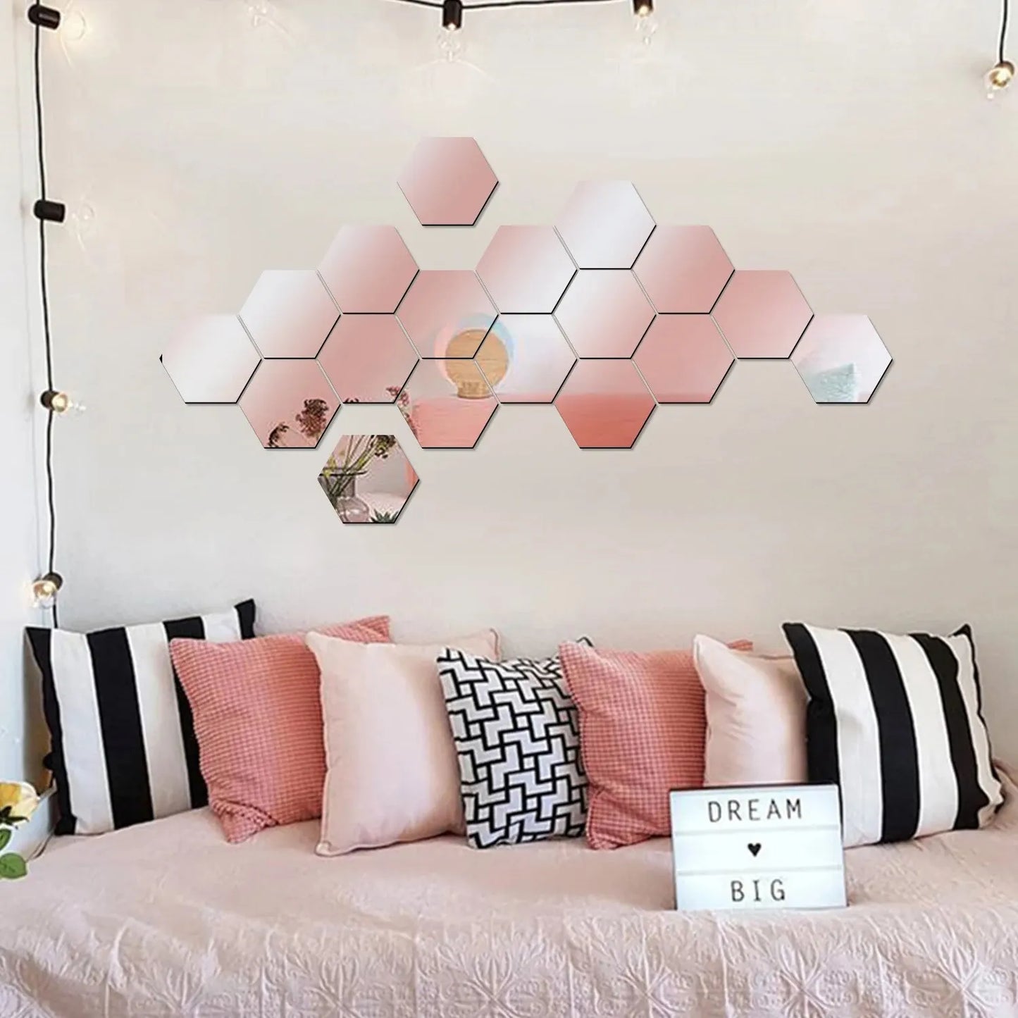 12PCS/Geometric Solid Hexagonal Mirror Wall Stickers w/ Built-in Adhesive/Removable/Colors-White/Gold/Pink/Green/Yellow