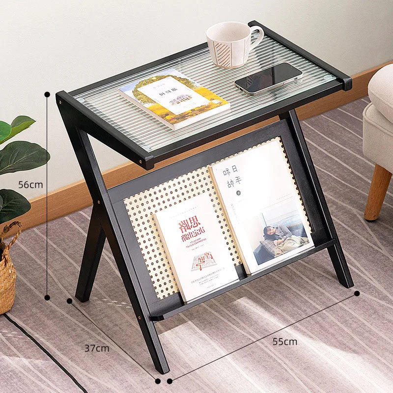 Z Shaped Bamboo Removable Glass Top End Table W/ Magazine Rack/Colors-Black/Brown/Oak