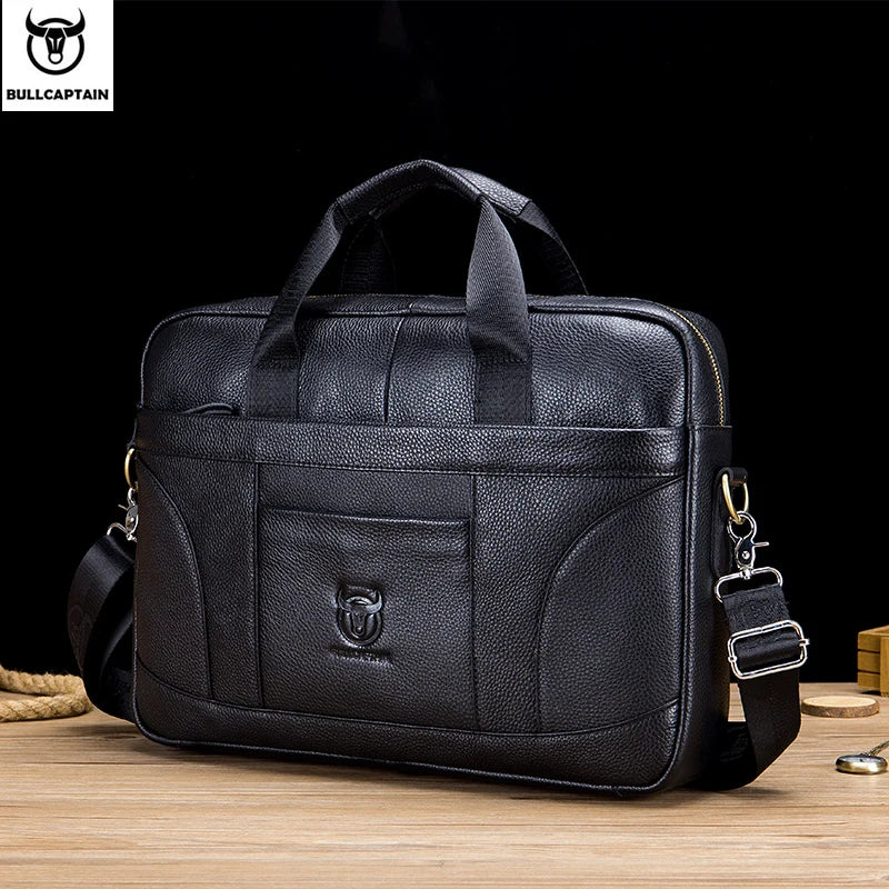 BULLCAPTAIN Cow Leather Shoulder Zipper Briefcase Bags/External Slit Pockets//14 inch Laptop Compartment /Detachable Handle/Straps/Colors-Black/Brown