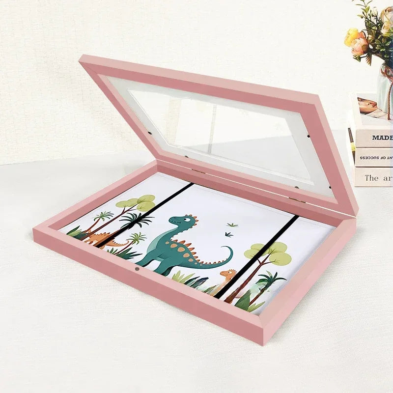 Kids Rectangle Wood Trim Acrylic Cover Artwork Display Magnetic Closure Picture Frames/Elastic Band/Colors-White/Black/Brown/Green/Pink