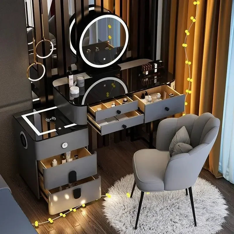 Modern Style White Adjustable LED Smart Touch-Controlled Lighted Round Mirror Black Tempered Glass Countertop Solid Pine Wood Draws Make-Up Vanities /2 USB Wireless Ports /Bluetooth Speakers/Colors-Black/Gray/White