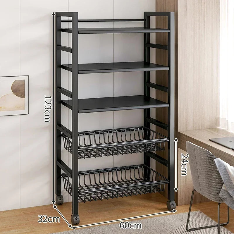 Kitchen Black-Brown Color Adjustable Height Pine Wood-Metal Storage Rack Movable Carts/360° Rotating Wheels