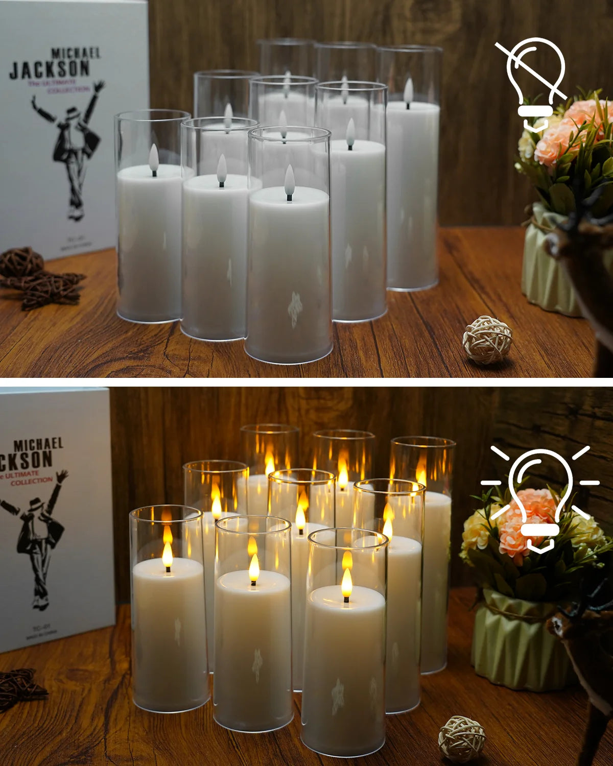 9 PCS White LED Plastic Flameless Candle Simulation Warm Plastic Acrylic Round Candle Light Holder/Remote Control/2 AA Batteries Not Included