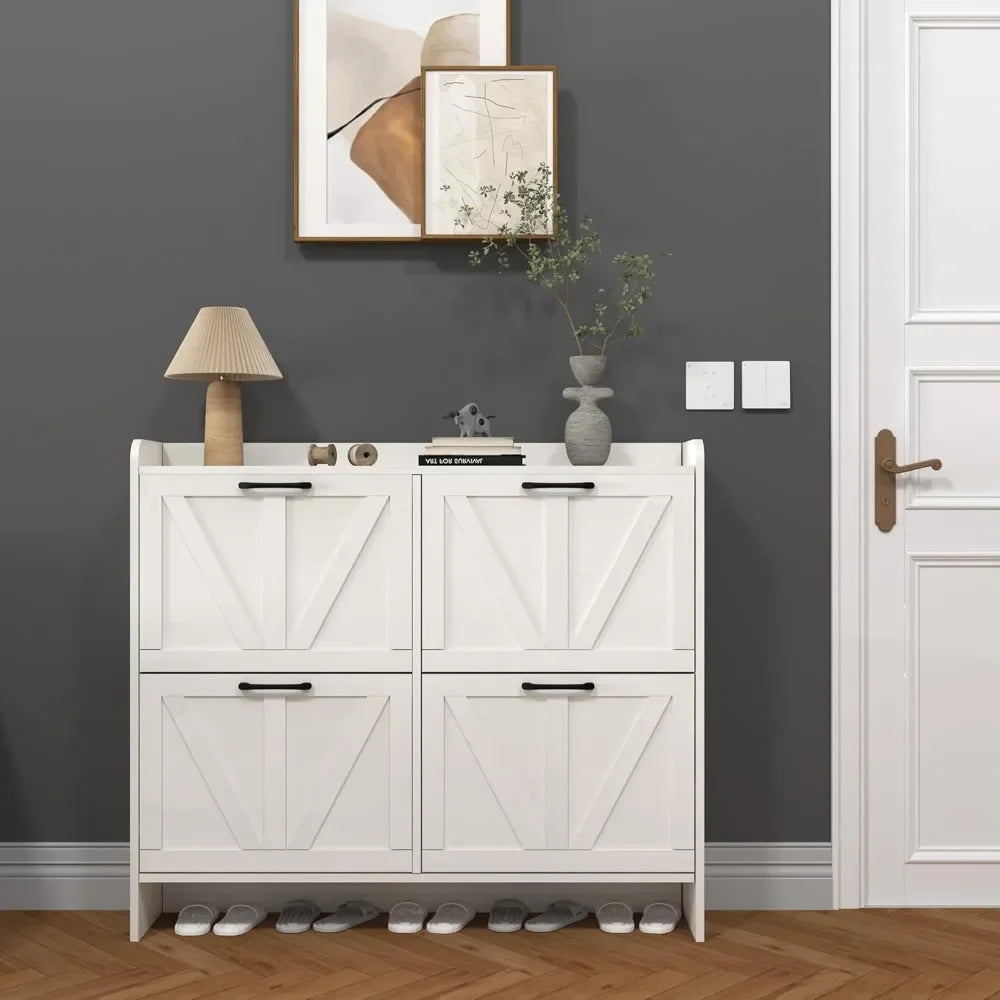 Wood Shoe Cabinet w/ 4 Flip Drawers, Shoe Storage Cabinet for Entryway/Dimensions: 9.3"D x 41.9"W x 35.4"H/Colors- Rustic Brown/ White