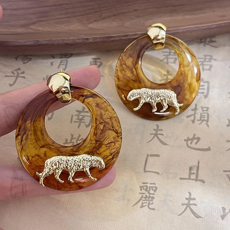 XIALUOKE Women Imitation European-American Geometric Round Stainless Steel Resin Flat Brown Hoop Gold-Platinum Metal Tiger Drop Earrings
