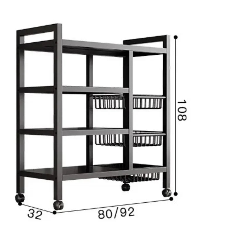 Kitchen Black-Brown Color Adjustable Height Pine Wood-Metal Storage Rack Movable Carts/360° Rotating Wheels