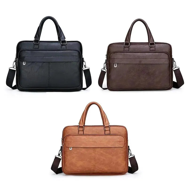 Men Large Faux Leather Waterproof One Shoulder Strap-Handle Crossbody Design Document Bag Briefcase/Zipper/Polyester Lining/ For Tablet-IPAD/Fits 15 Inch IPAD-Tablet Colors-Brown/Black