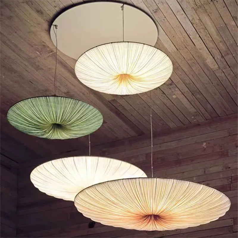 Round Beige Wabi Sabi Fabric Shade LED Ceiling Light Iron Fixtures