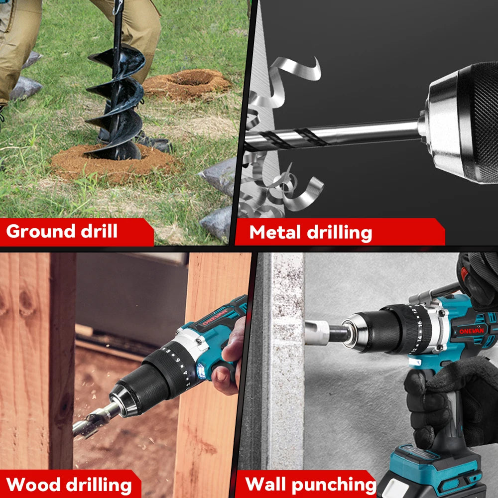 ONEVAN Multicolor Body Metal Keyless Drill Chuck Rechargeable Battery-Powered Cordless Brushless Adjustable Speed-Torque Built-In Lighting Electric Impact Drills Sets/Colors-Black/Blue/Silver/Green/Gray/Multicolor
