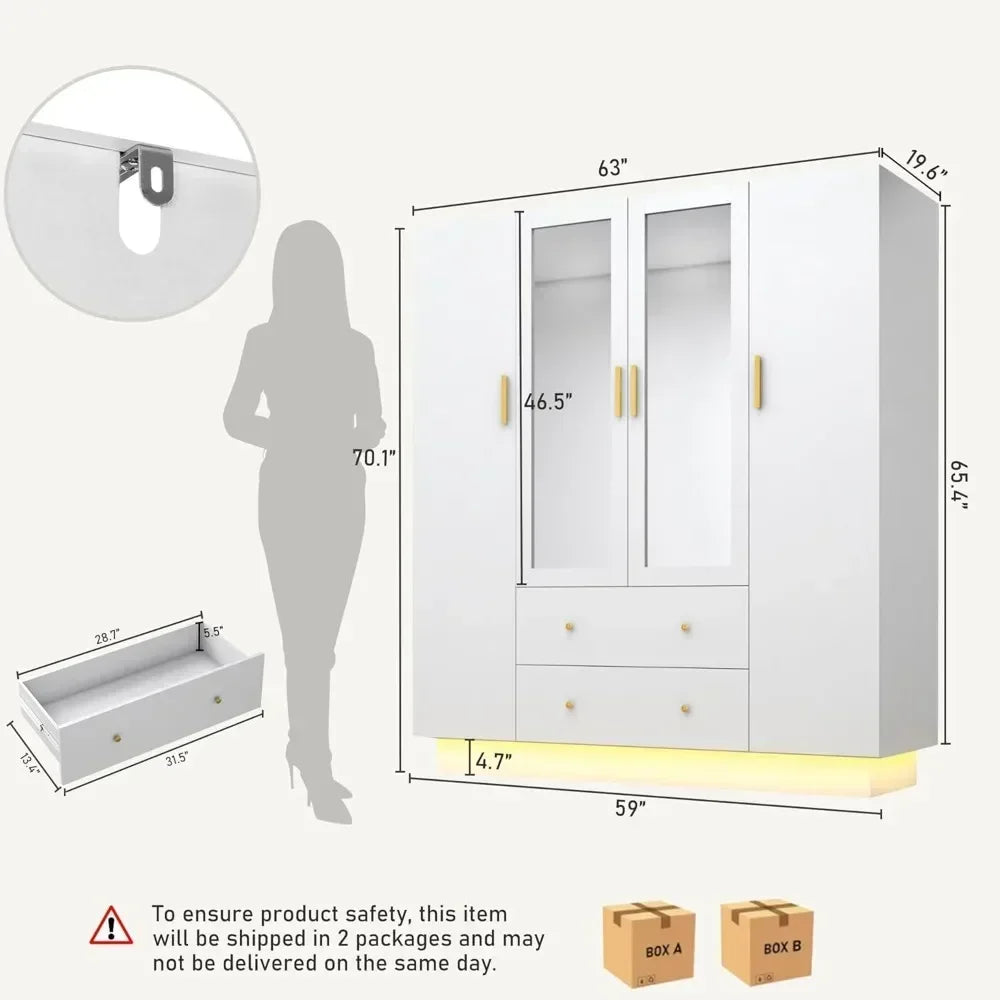 4 Door Armoire Mirrored Wardrobe Closet w/ 2-Way Remote Control LED Lighted Armoire/ 2 Drawers/Colors-White/Purple/Black/Dimensions: 19.7"D x 47.2"W x 70.1"H