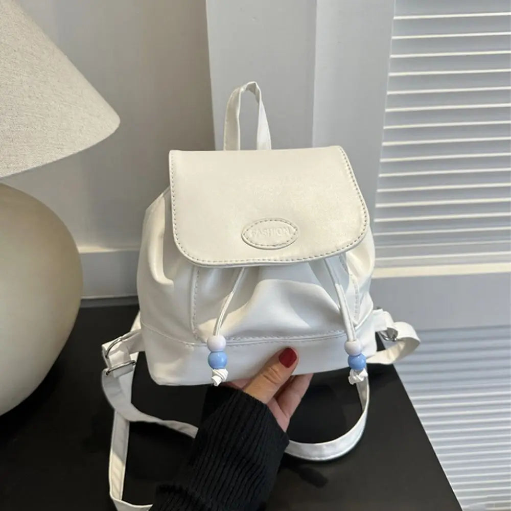 Women Small Retro Faux Leather Handheld Handle Soft Zipper Backpacks/Exterior Flap Pocket/Shoulder Straps/Interior Drawstring/Colors-Silver/Black/Brown/White