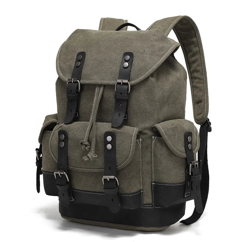 Unisex Military Hiking Interior Zipper Canvas Leather Polyester Over Flap-Belt Design Backpacks/Single Laptop Compartment/ Shoulder Strap/Handles/Interior Pockets-External Pockets/Colors-Green/Gray/Brown/Black/Animal