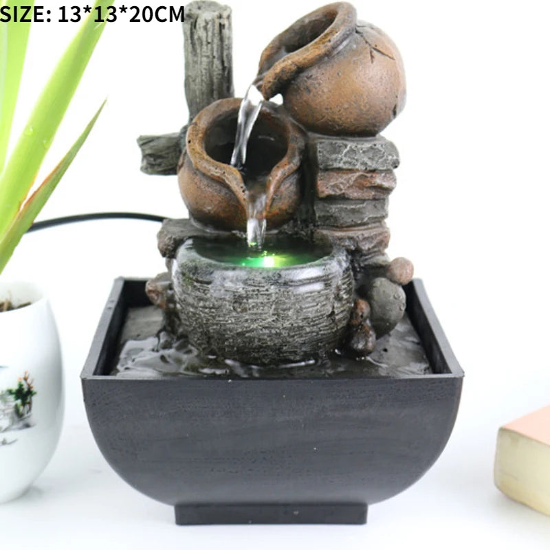 3 Tier Indoor LED Lights Resin Brown-Gray Clay Pots Flowing Water Rocks Black Square Bowl Tabletop Fountains/Colors-Multicolor/ 1-Water Pump Plug