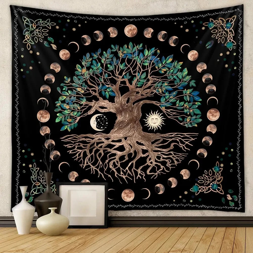 Black Background Polyester Glow Under Black UV Light Flowing Water Colorful Multicolor Mushrooms Nature Floral Tree of Life Forest Wall Hanging Tapestries