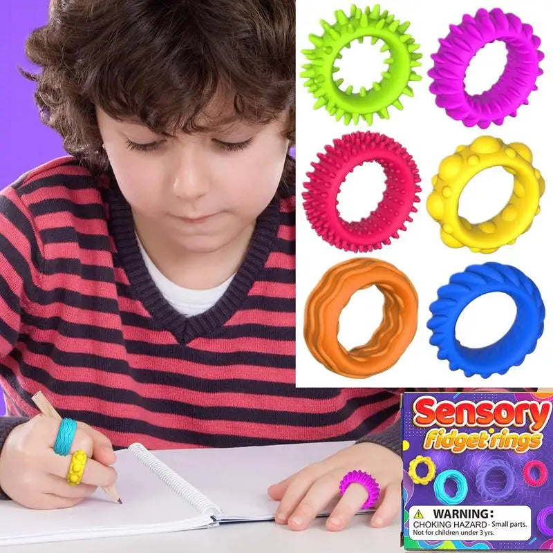 6 PCS Set Non-Toxic TPR Flexible Stretchy Silicone Spiky Sensory Rings Finger Ant-Stress Rings Fidget Toys/Colors-Multicolor/Orange/Geometric /Ages: 13-18 + Years Older