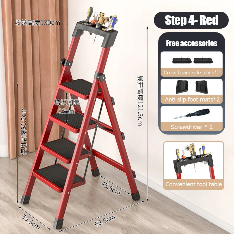 4 Tiers Lightweight Anti-Slip Folding Carbon Stainless Steel Portable Step Stool Ladders/ 3 Steps/ 4 Steps/Colors-Black/Red