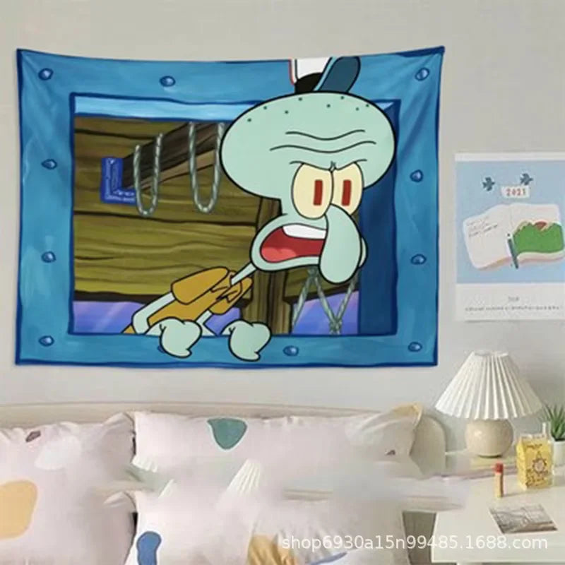 Kids Small Rectangle Polyester Realistic Blue Metal Framed Window Cute Cartoon SpongeBob-Patrick-Star-Mr. Krabs Cloth Tapestries/Ages: 14-18 + Years